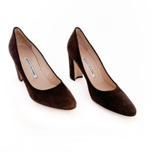 Manolo Blahnik Tucciototo 90mm Pumps EU 38 US 7-7.5 Brown Suede Block High Heel